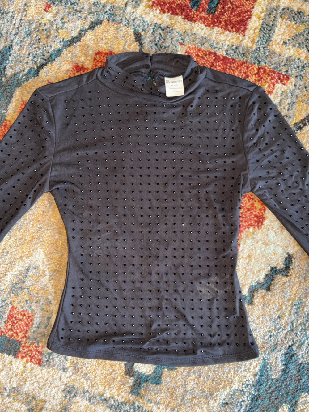 No Boundaries Black Mesh  Studded Mock Neck Long Sleeve Top